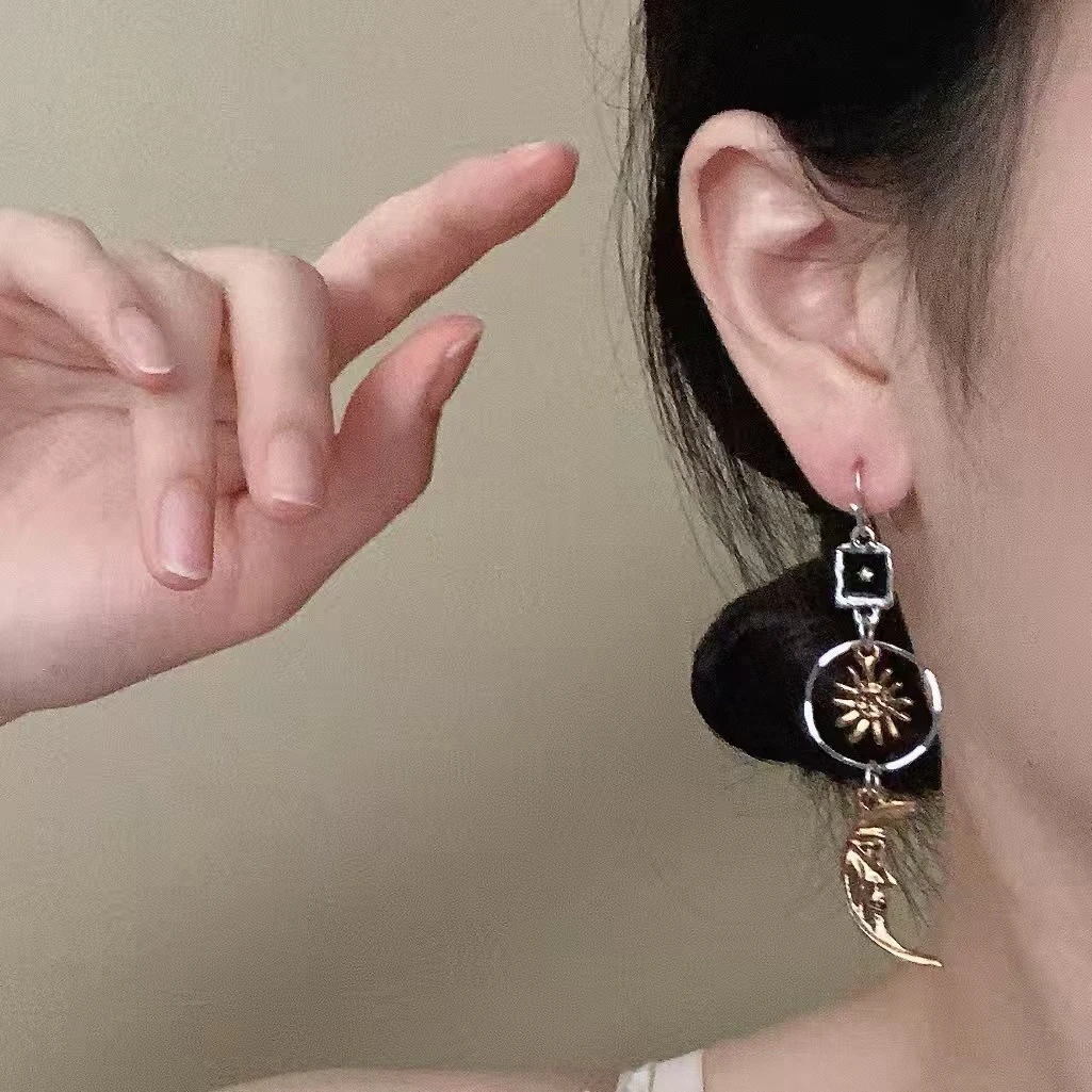 铜合金锆石耳饰 时尚波西米亚太阳月亮耳钩耳环女长款设计民族