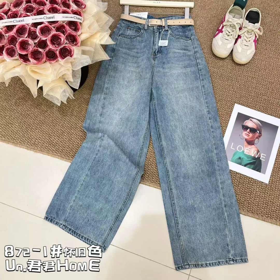君君家【阔腿裤】872韩版高腰显瘦无弹力牛仔阔腿裤