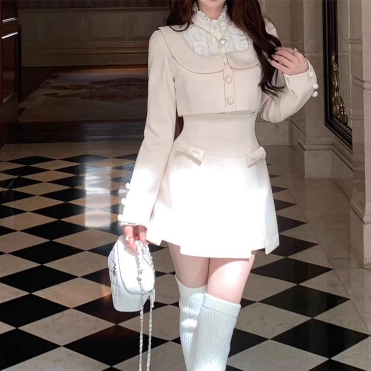 白桃千金娃娃领短外套女蝴蝶结高腰半身裙小香套装