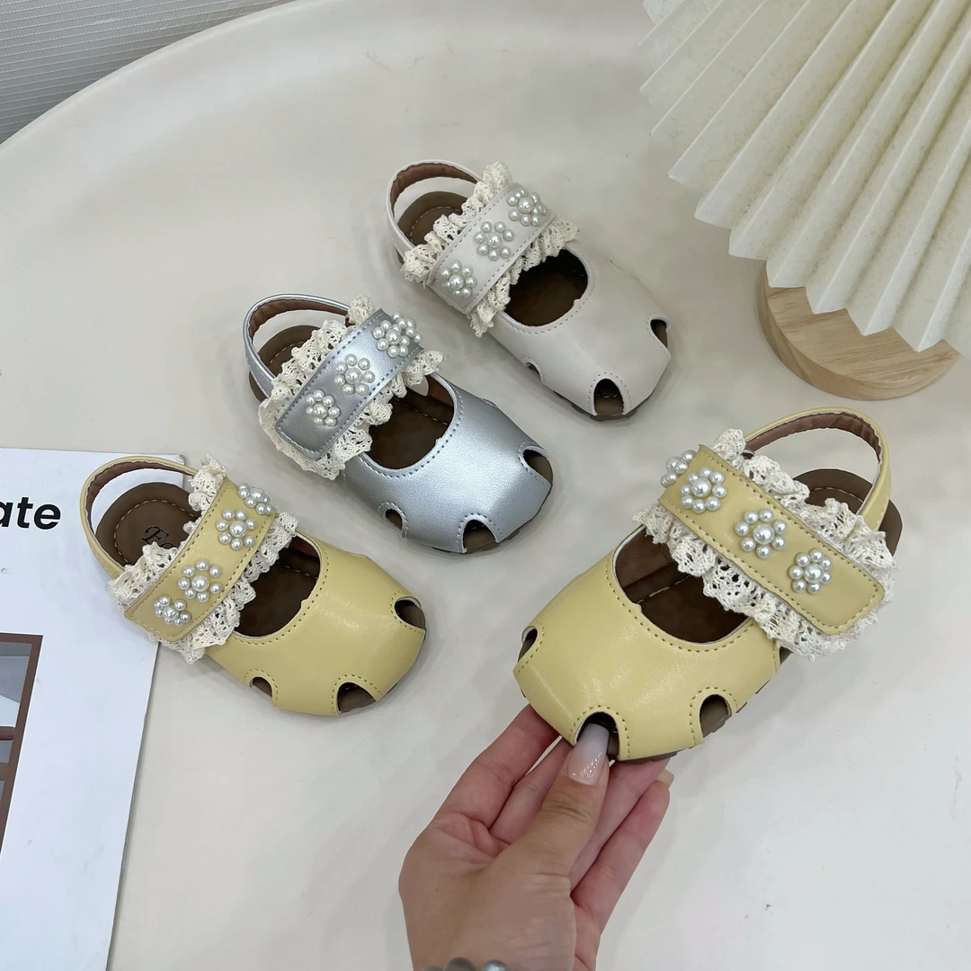 女童法式凉鞋珍珠蕾丝花边公主鞋夏季新款软底沙滩鞋7291