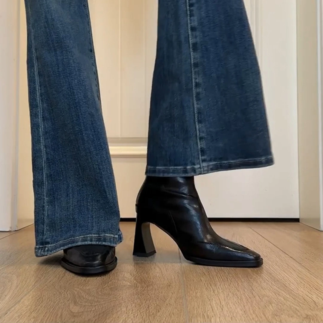 法式方头高跟鞋弹力瘦瘦靴女2025年秋冬新款马丁靴粗跟短靴子女