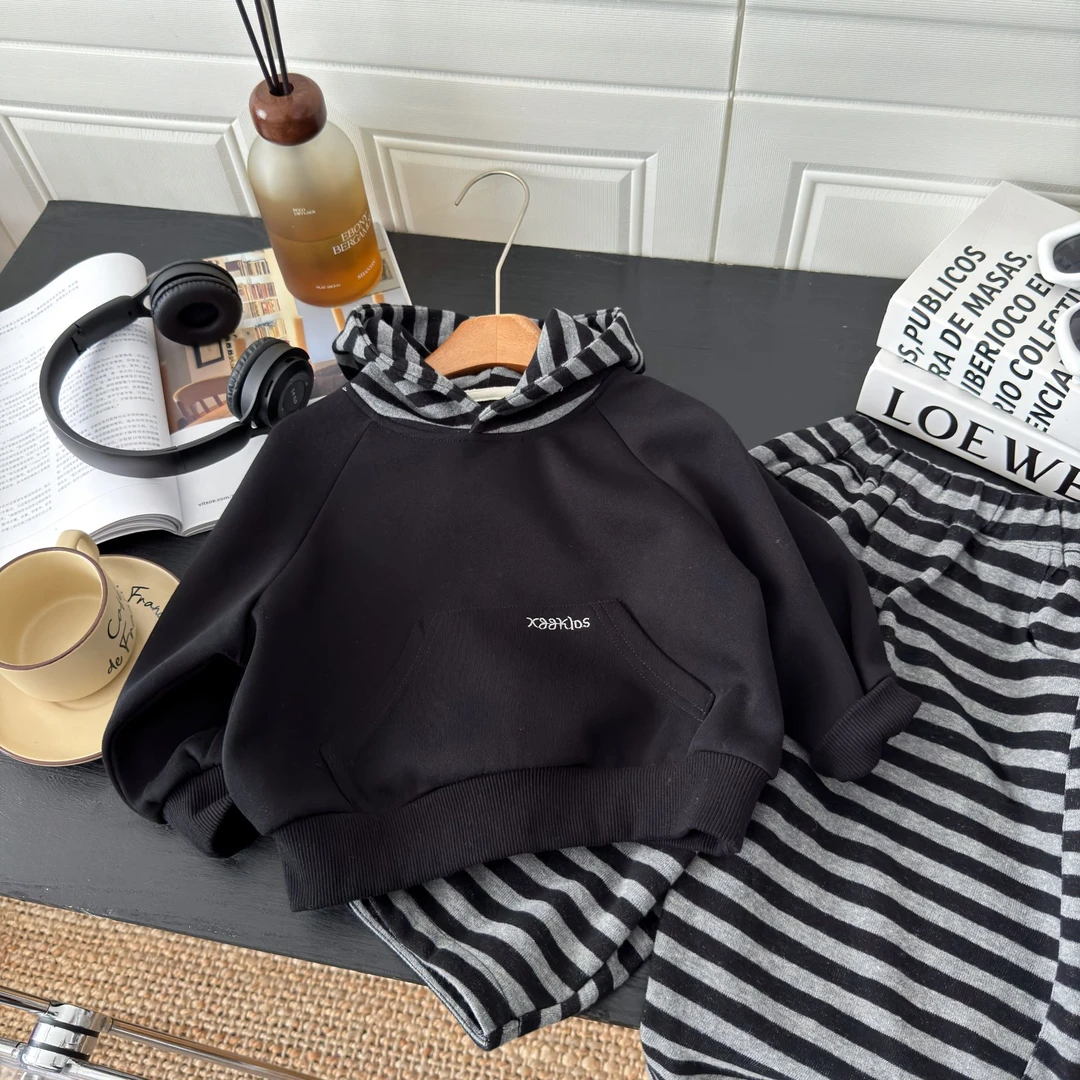 【实体品质】儿童韩版条纹卫衣套装2025新款男女宝宝宽松连帽上衣潮