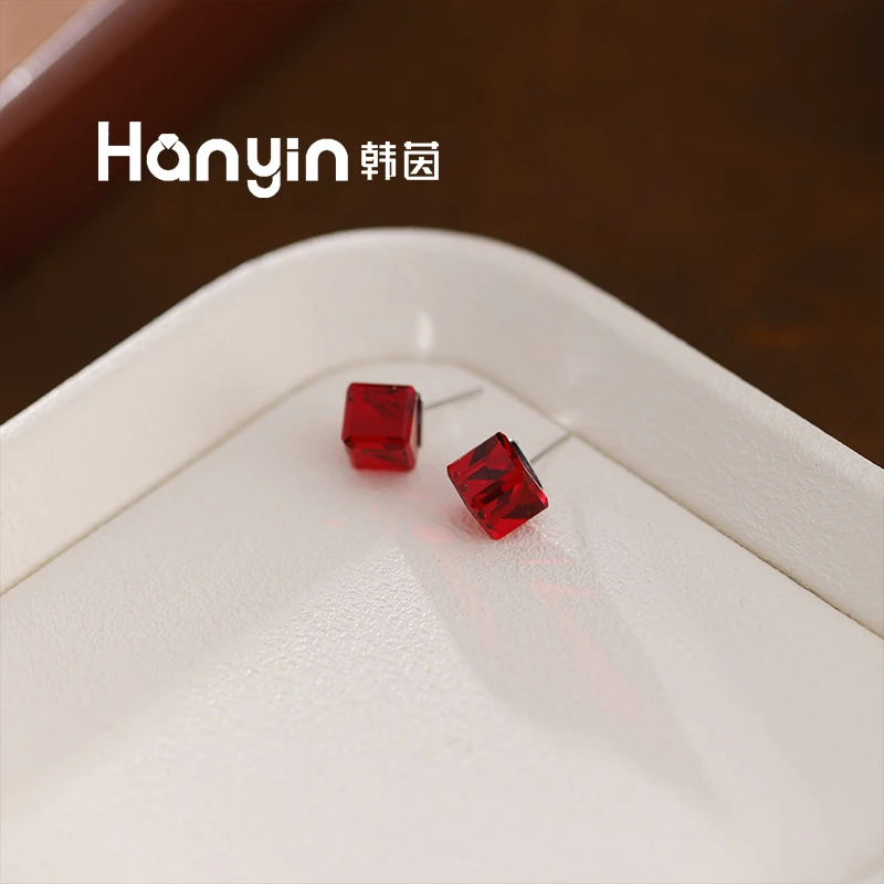 铜合金仿水晶耳饰 925银针简约百搭不规则通透方块耳钉小众设计感