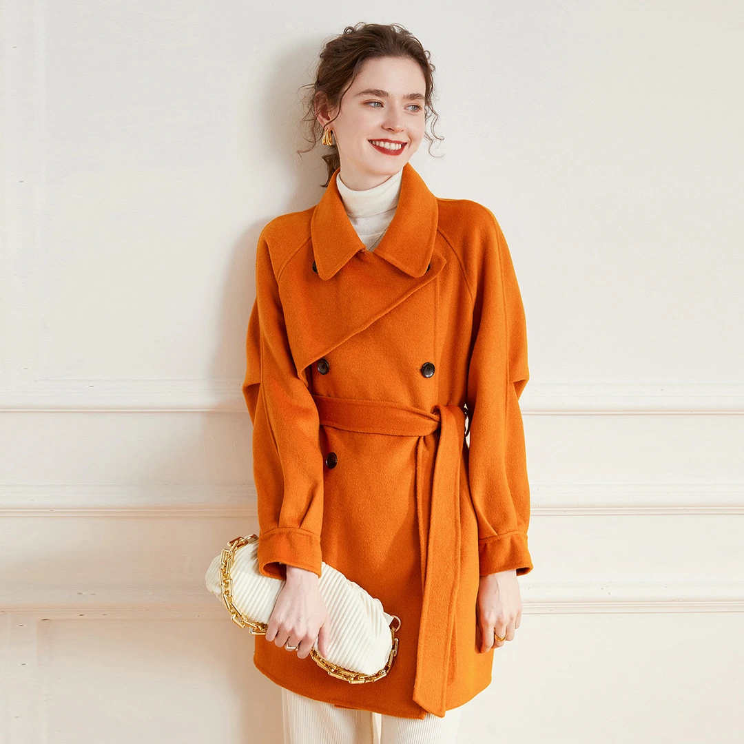 白鹿语羊毛混纺双面呢大衣不对称设计感翻领中长款外套女BX30129