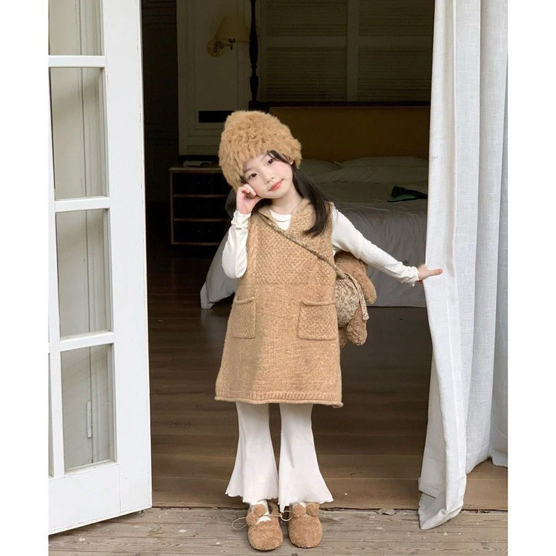 女童中长款马甲毛衣背心裙秋冬新款纯色内搭打底衫针织微喇裤套装