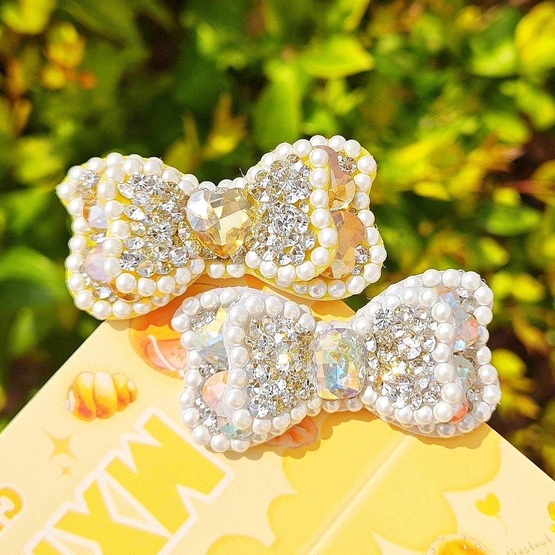 D023满钻爆闪仿真珍珠蝴蝶结青蛙一字夹手工宠物头花长