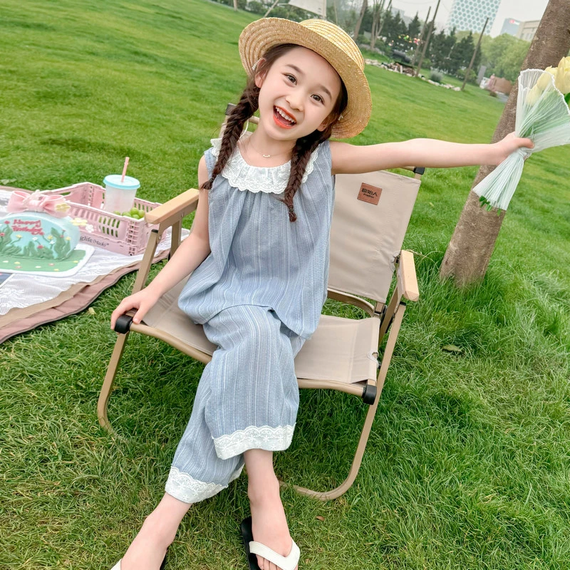 女童夏装套装2025新款洋气中小童条纹裤子夏季女孩花边无袖两件套