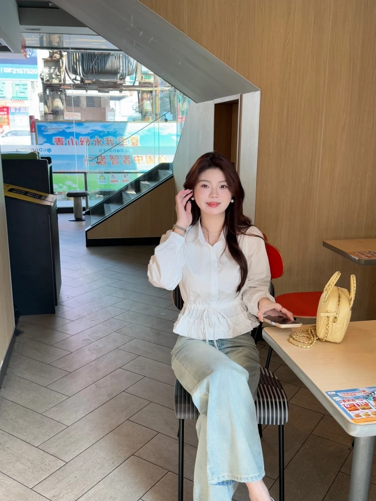 【清晨降临】法式木耳边系带翻领衬衫女褶皱设计感收腰显瘦长袖上衣