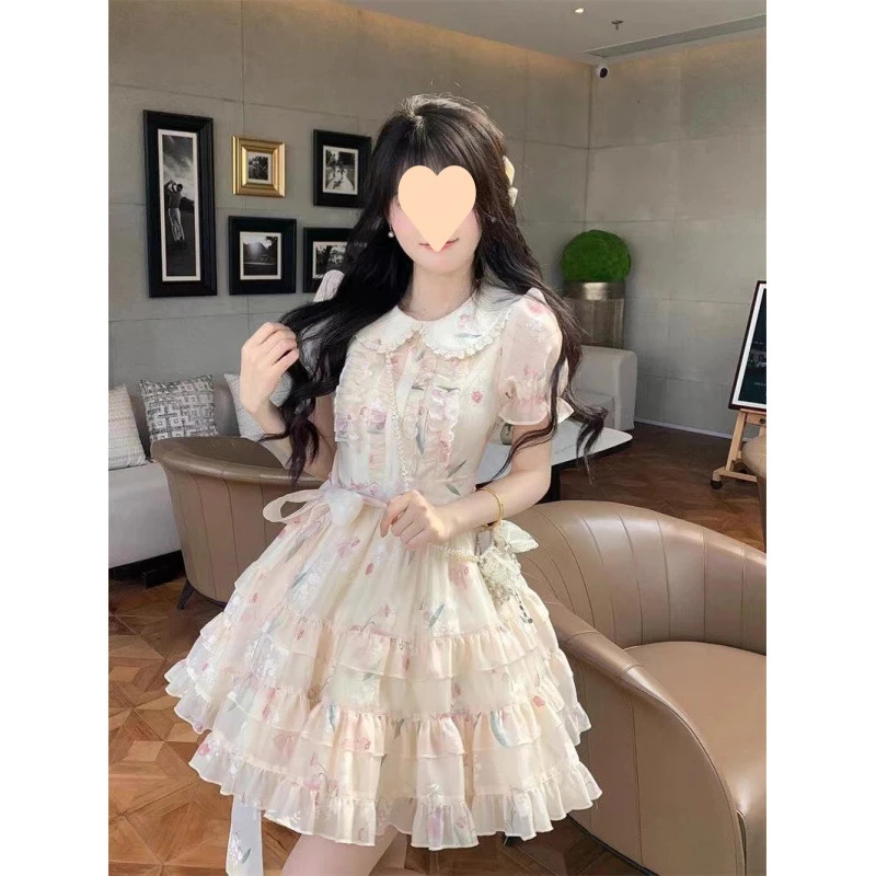 温柔风娃娃领连衣裙女夏季甜美小个子碎花公主裙法式收腰蓬蓬裙子