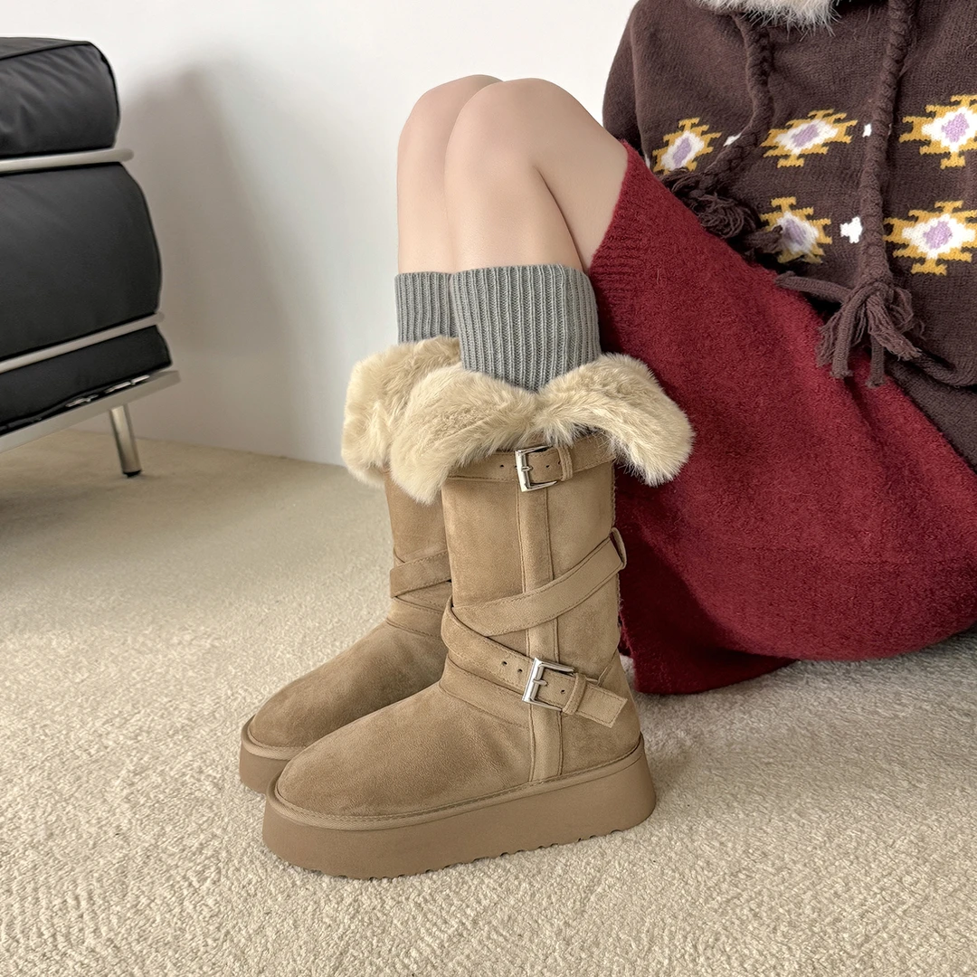 2025冬季两穿加绒加厚中高筒雪地靴女厚底百搭保暖棉靴