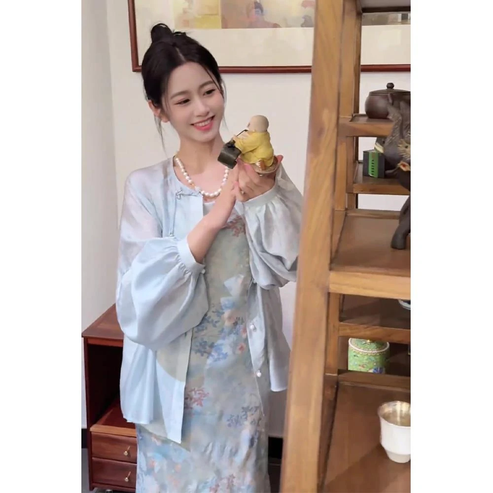 夏装搭配一整套新中式女装国风禅意高级感蓝色衬衫连衣裙两件套装