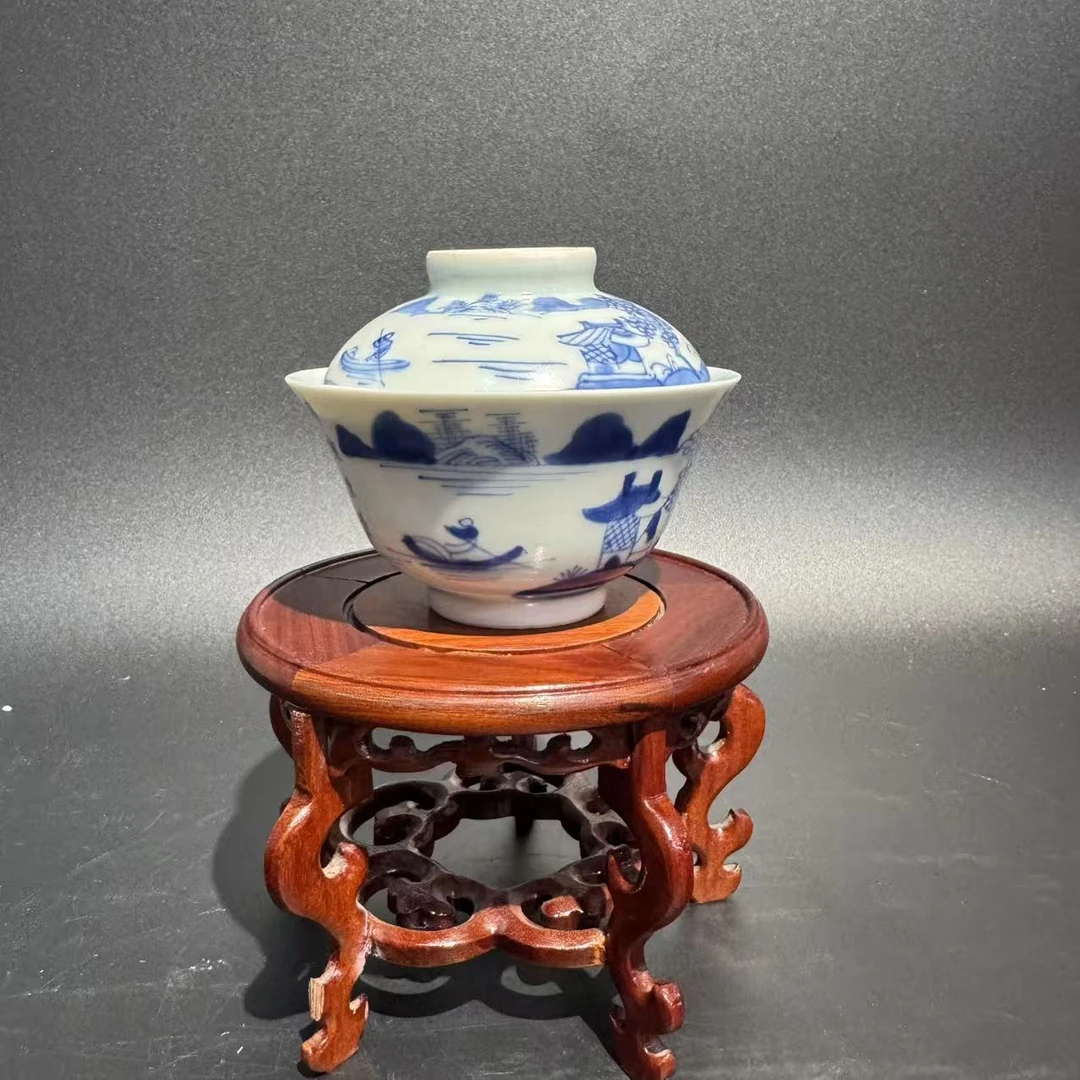 W清 咸丰青花山水诗文盖碗（高10口径11）A0724195