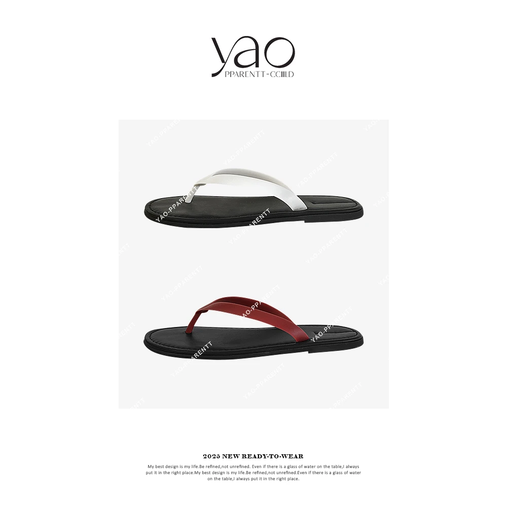 YAO PPARENTT-CCIILD牛皮纯色简约平底防滑橡胶底夹脚人字拖X2509