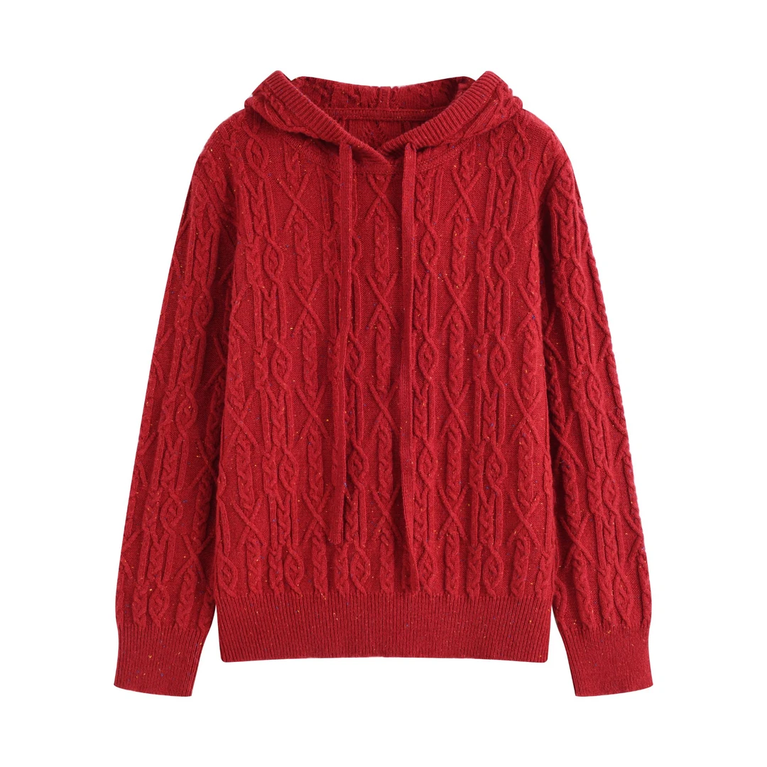 31650 25冬季新品酒红色连帽保暖上衣绞花针织衫50075