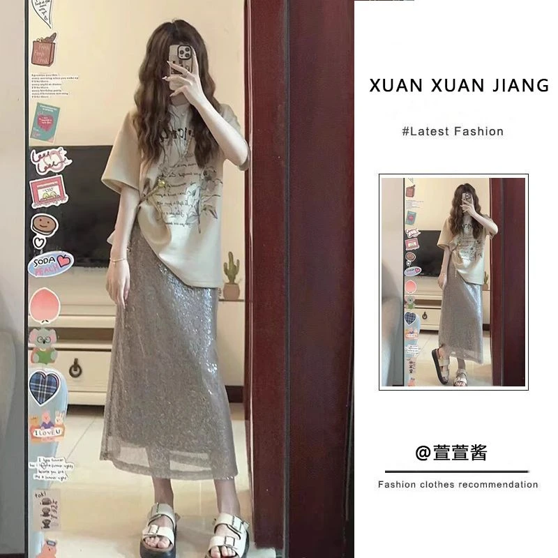 拉夏贝尔（同款剪标）新款韩风松身闪光青年印花短袖衣搭配修身半裙