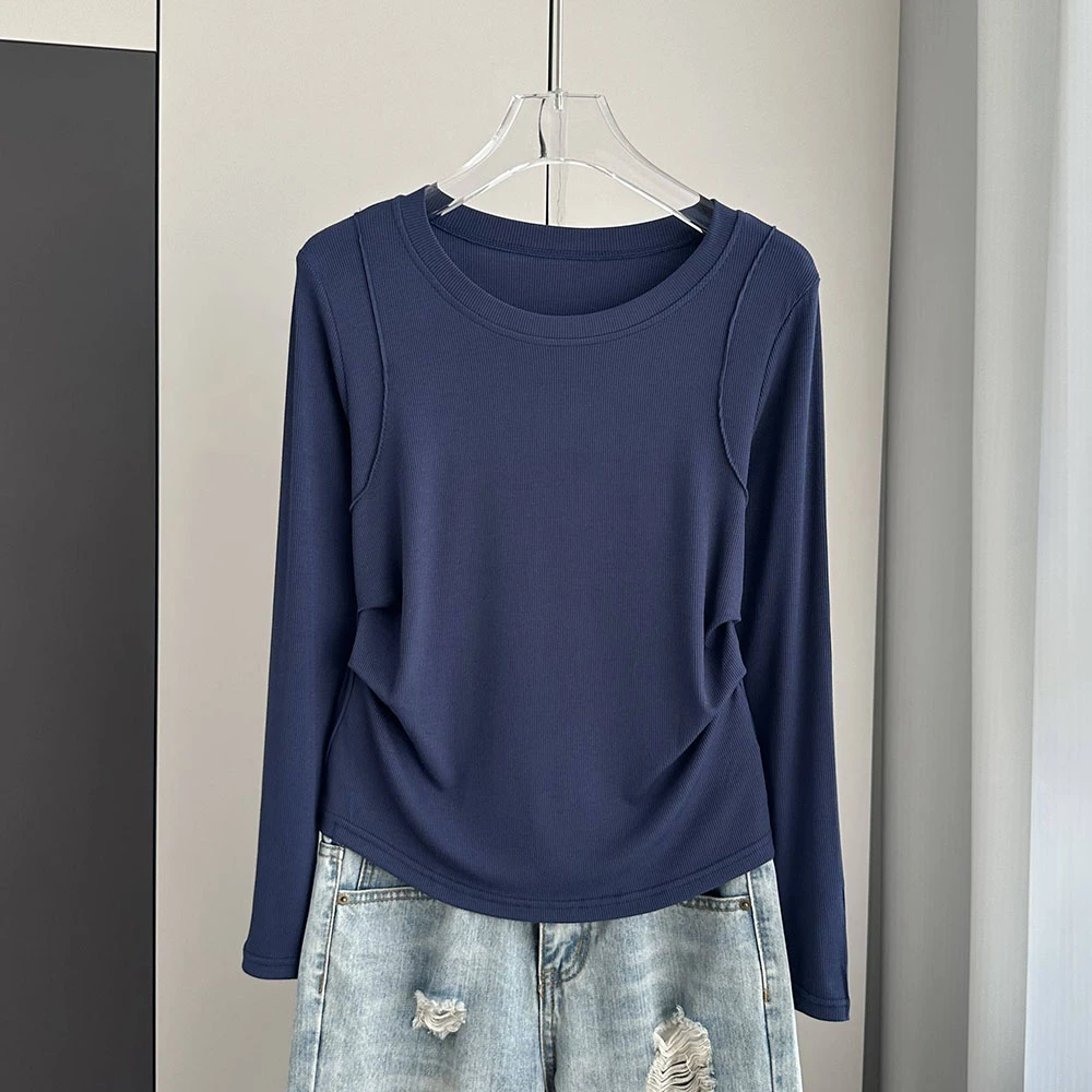 纯色基础圆领螺纹打底衫女2025春秋内搭褶皱收腰显瘦长袖t恤上衣