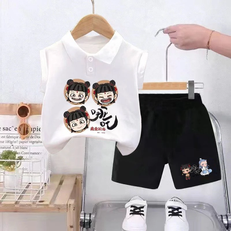 儿童无袖T恤套装新款卡通哪吒帅气男童翻领夏季宝宝纯棉POLO套装8