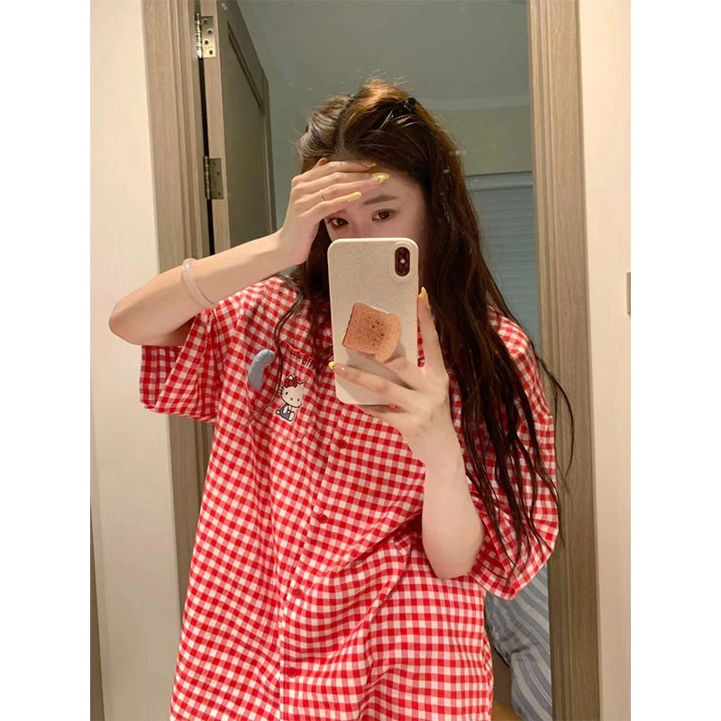 云朵棉睡衣女可爱凯蒂猫印花少女休闲格纹夏季新款家居睡衣家居服