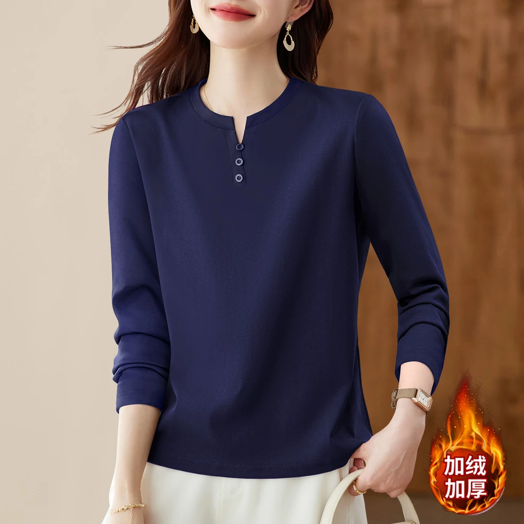 【正肩显瘦加绒长袖打底】2025新款秋冬纯色时尚v领t恤女士宽松上衣
