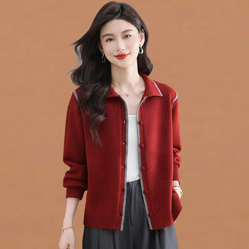 秋季穿搭洋气针织开衫女2025新款设计感撞色翻领显瘦毛衣打底外套