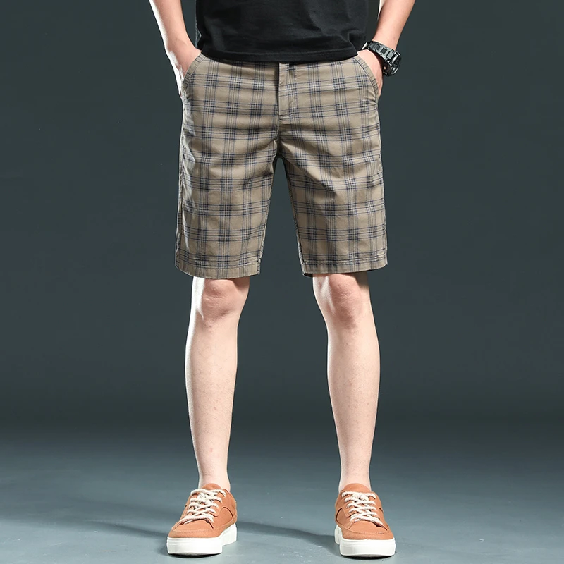 范希巴迪纯棉暗格子短裤男透气夏季西裤腰休闲五分裤子男外穿薄款