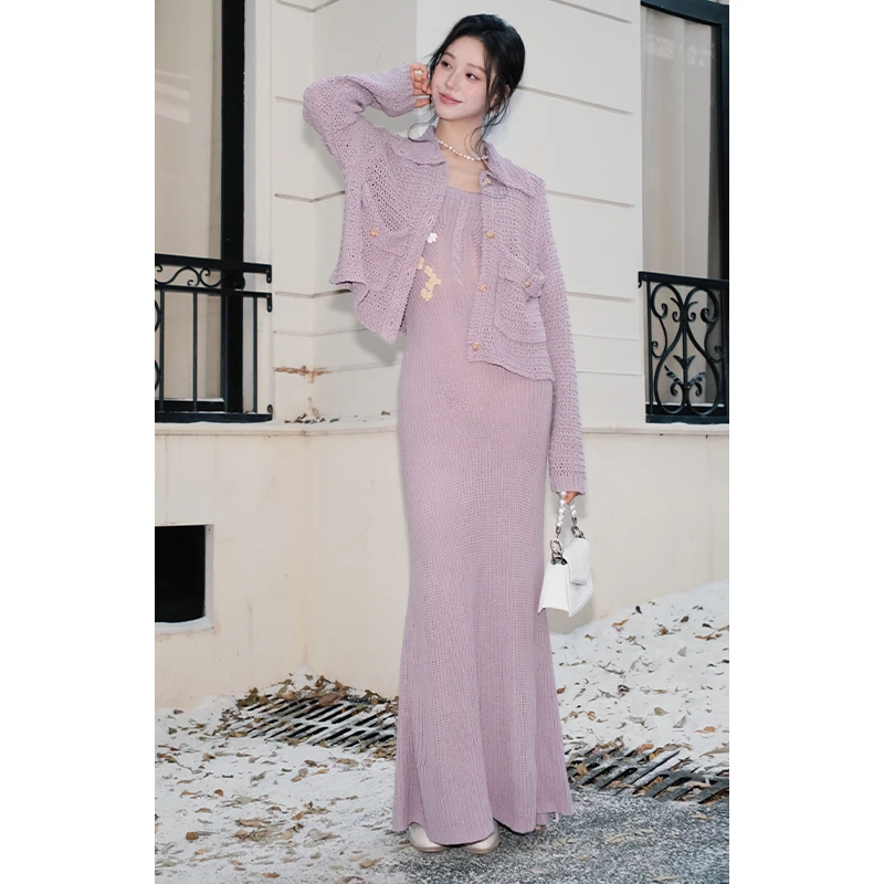 《海风邮信》法式小香风减龄针织开衫立体花后开衩连衣裙彼得潘大叔