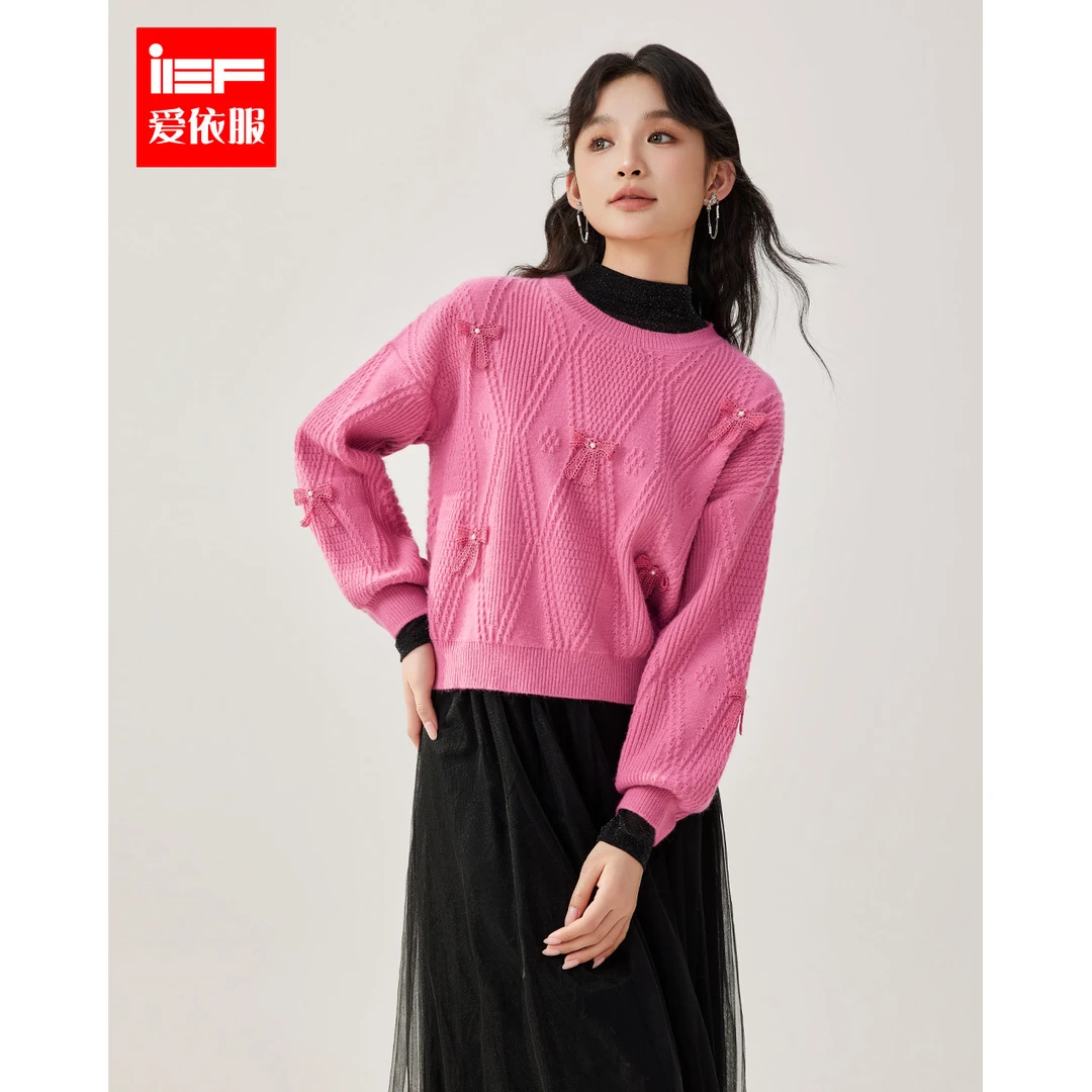 IEF/爱依服2025秋冬新款法式温柔风蝴蝶结设计通勤百搭毛织上衣