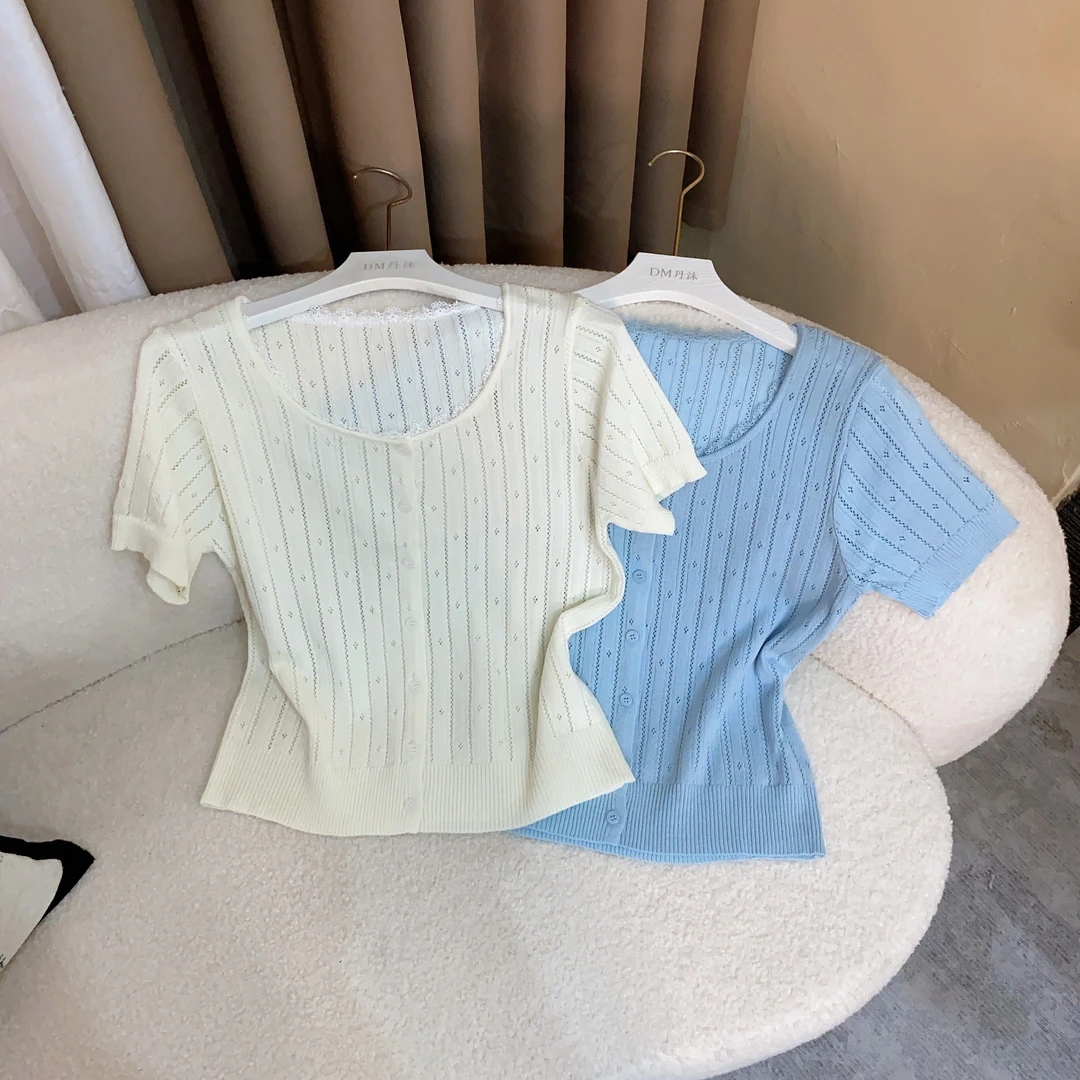 短袖开衫2025夏季新款勾花短袖韩系小衫薄款透气拼接蕾丝气质针织