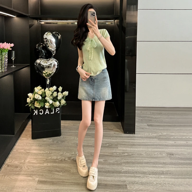 欧货潮流时尚套装女夏新款蕾丝拼接蝴蝶结针织衫牛仔短裙两件套