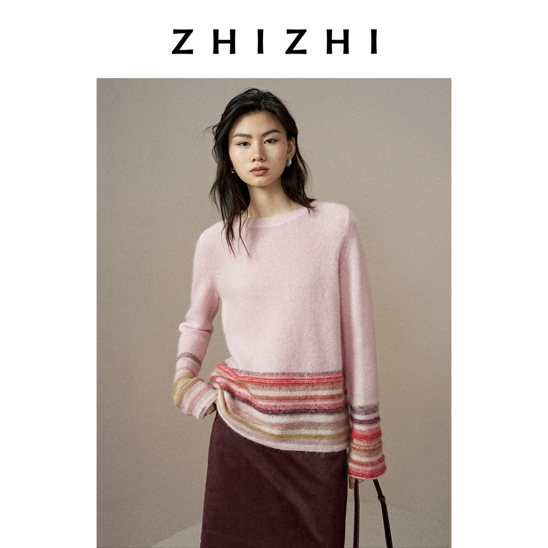 【温温专享】致知 花无尘 圆领绵羊毛条纹套头毛针织衫ZZ2EWKZN171
