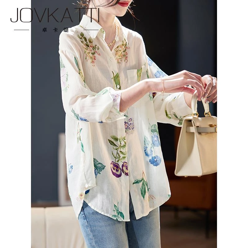 JovkattiOL气质长袖印花衬衫2025秋季新款文艺百搭休闲衬衣女