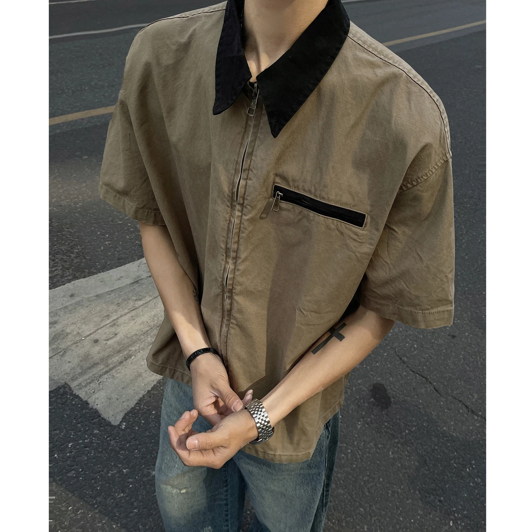 美式复古撞色翻领做旧短袖衬衫外套男女cleanfit短款百搭工装衬衣