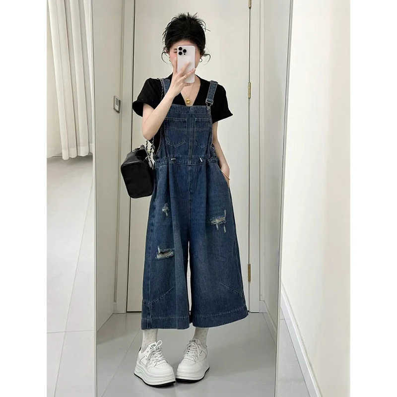 休闲炸街松紧抽绳阔腿七分牛仔背带裤女2025夏时髦宽松时尚连体裤