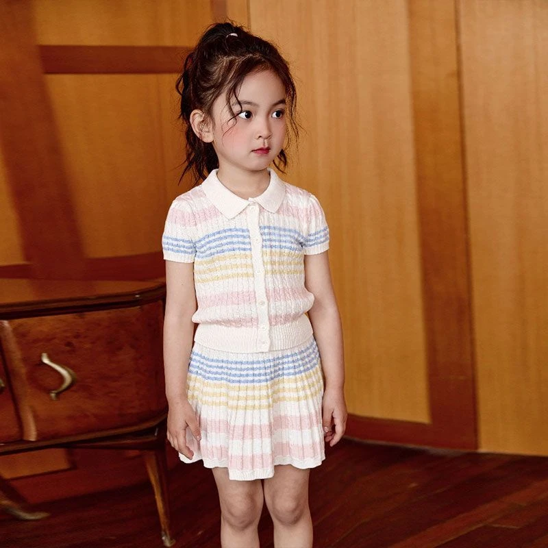 女童夏季2025新款儿童绞花针织套装韩版夏天彩虹色休闲运动两件套