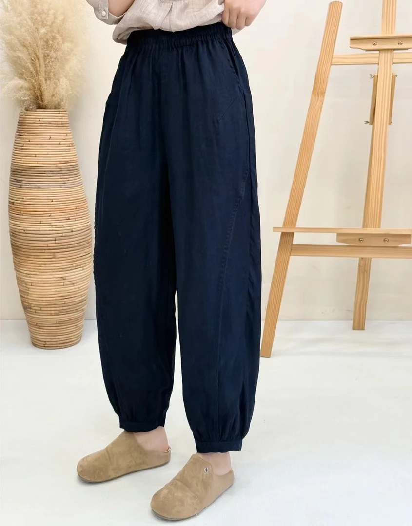 夏季松紧腰束脚裤子阔腿纯色防蚊女裤 灯笼裤