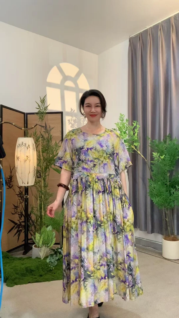 圆领大摆裙中长裙夏季连衣裙复古提花裙子81103