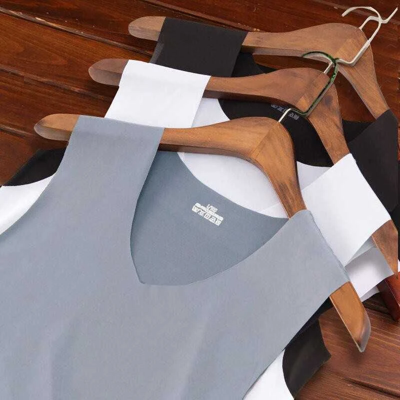 无痕背心男士冰丝牛奶丝棉夏季宽肩V领无袖T恤紧身修身型运动坎肩