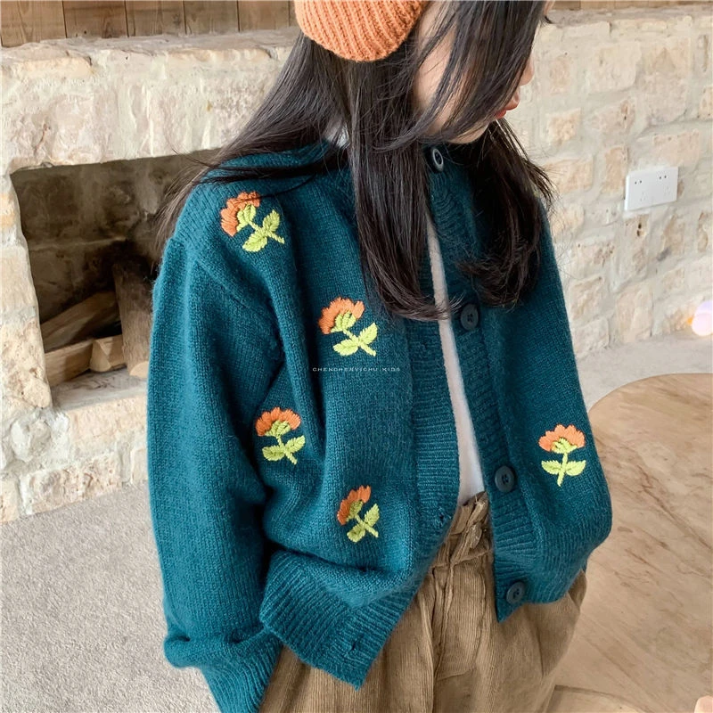 女童碎花开衫长袖童装2024春秋装薄款儿童中小童针织毛衣外套洋气