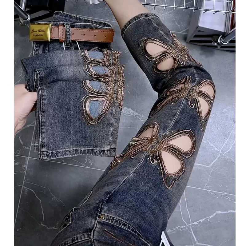 夏季薄款镂空大码超火直筒牛仔裤女高腰宽松显瘦小个子九分烟管裤