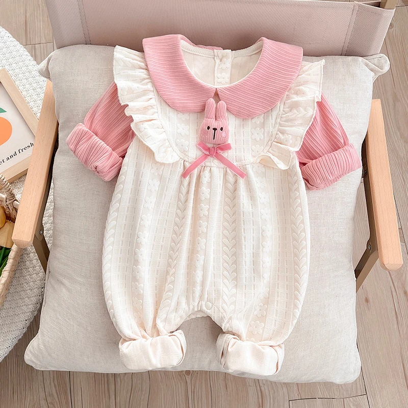 婴儿衣服春装新生女宝假两件连体衣公主满月百天外出哈衣爬服春秋