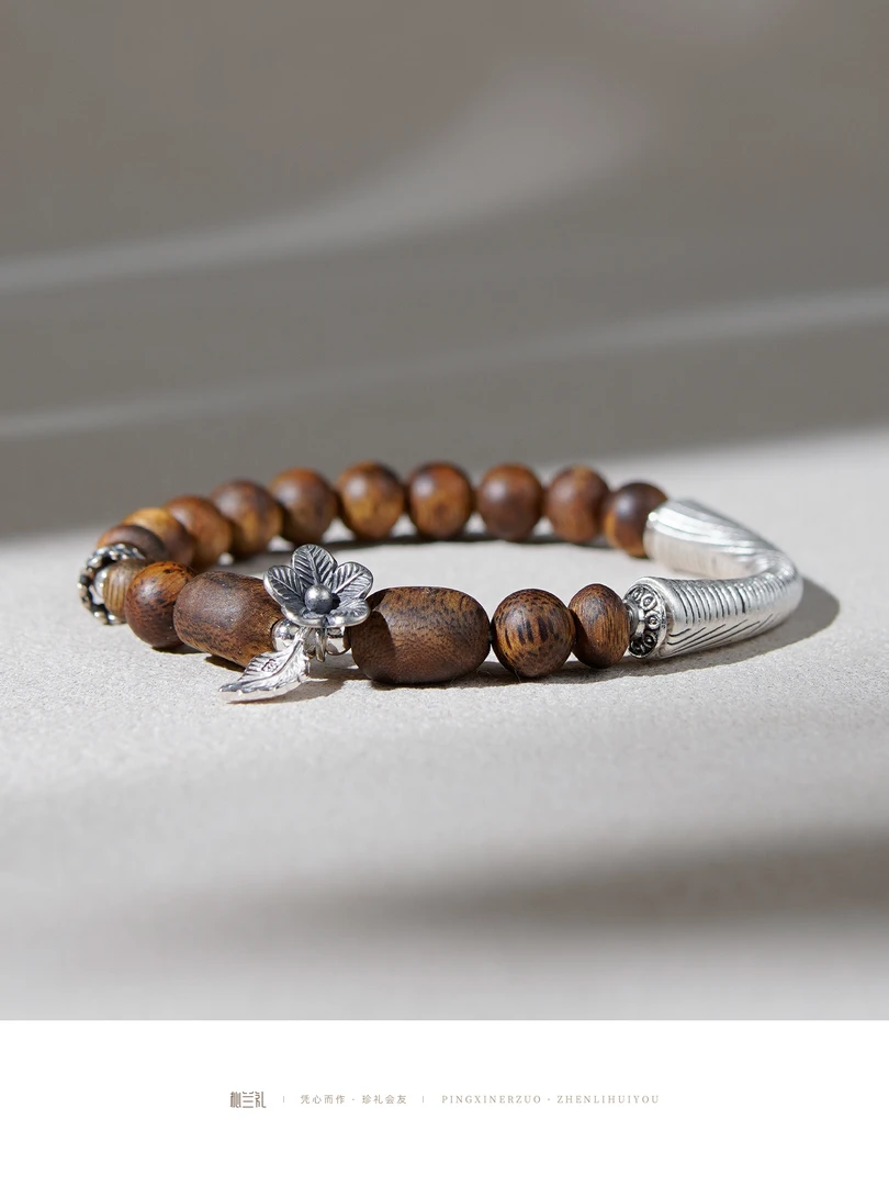 沉香小众复古民族风奇楠沉香随形珠搭配银饰设计男女款单圈手串