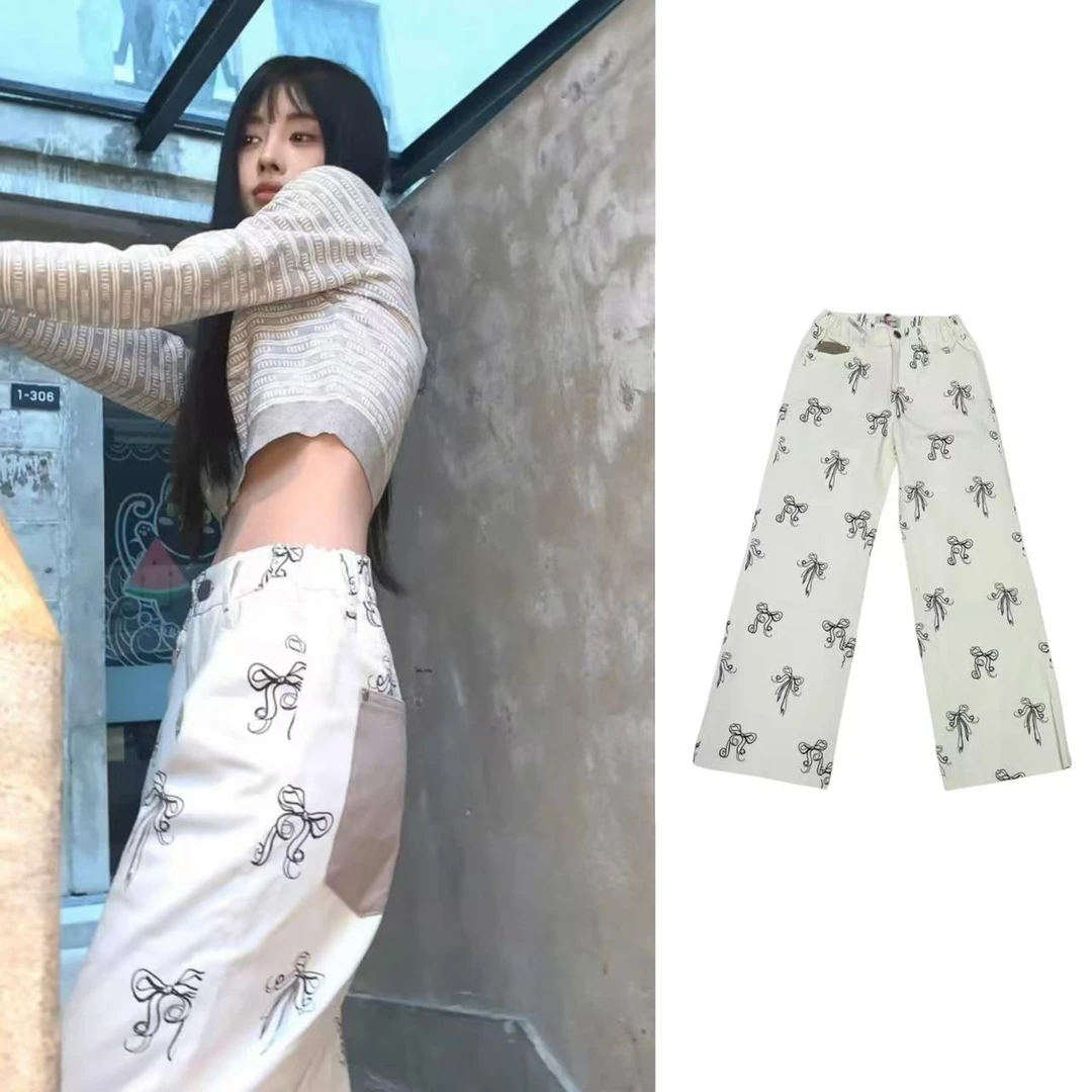 BottleMarchen-设计师品牌鞠婧祎同款白色蝴蝶结高显瘦百搭牛仔裤