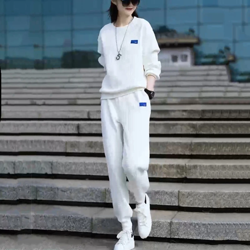 欧货潮牌休闲运动套装女春秋款白色宽松百搭显瘦卫衣束脚裤两件套
