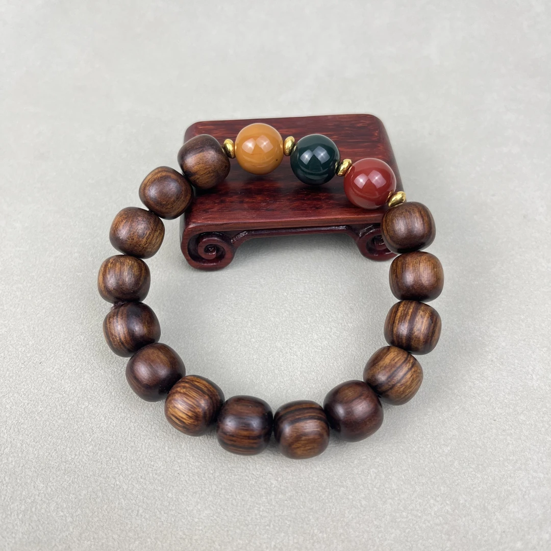 黄花梨雕龙头吐珠檀木手串绿檀黑檀桶珠红绿灯配饰单圈念珠男女士