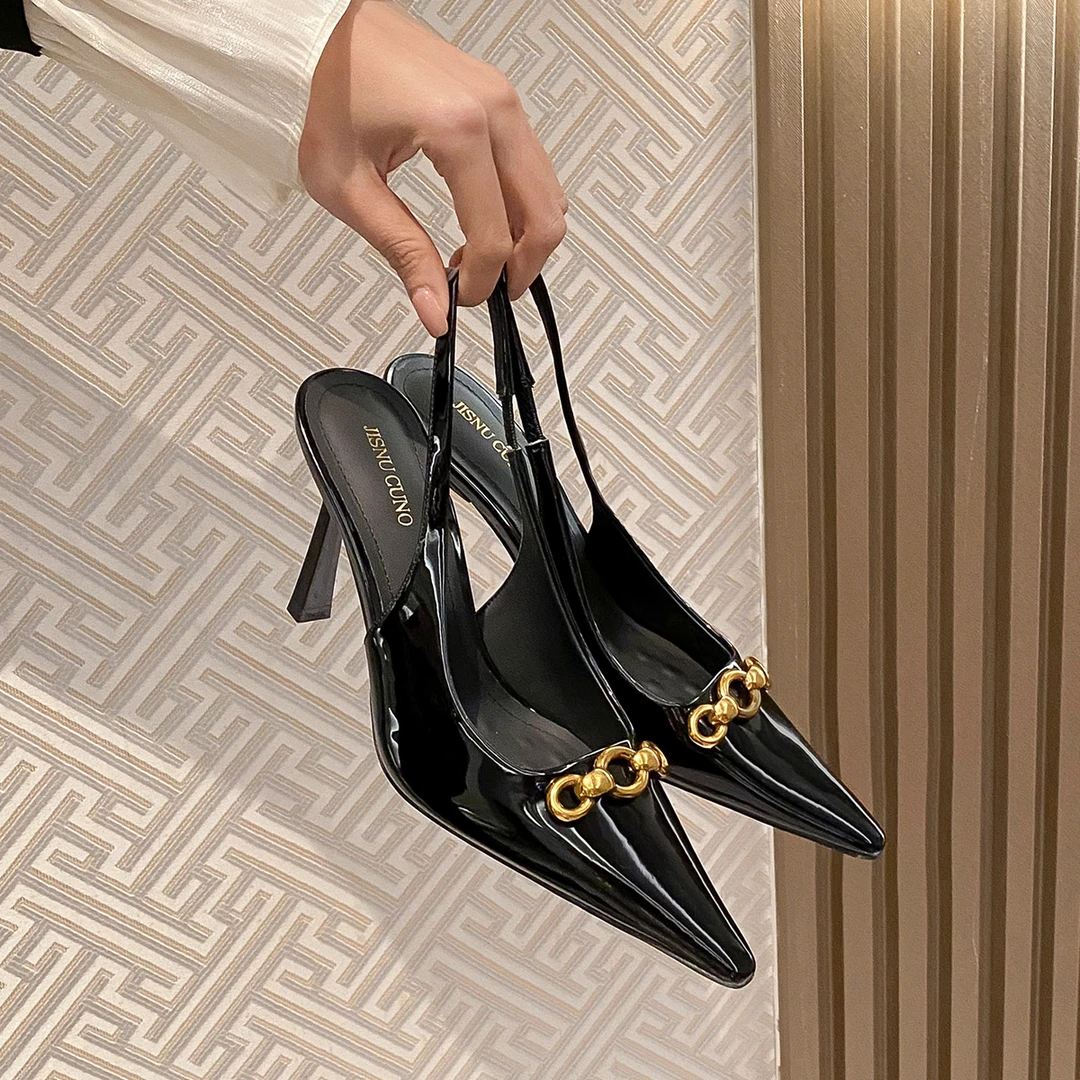 凉鞋女2025年夏季新款方头黑色漆皮细跟性感高跟鞋百搭不累脚单鞋