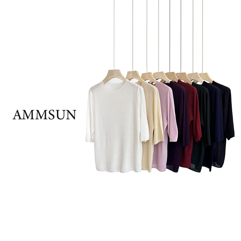 AMMSUN【回忆】圆领莱赛尔夏季百搭时尚设计中袖上衣七分袖女高档