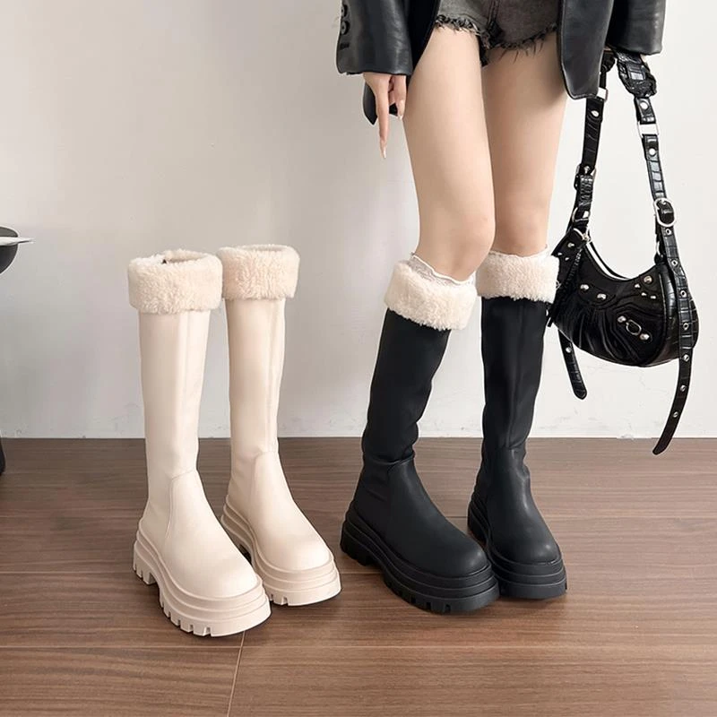 白色毛毛长筒靴女秋冬2024新小个子厚底洋气瘦瘦长靴高筒骑士靴子