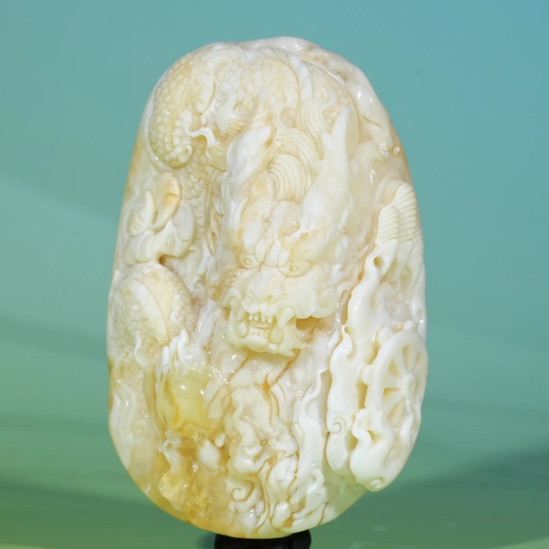 【雕件】49mm龙牌白蜡妖花天然蜜蜡DJ167原矿俄料无优化