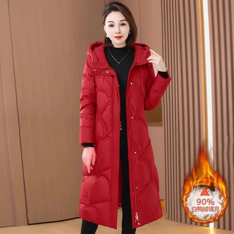 九江红色中长款羽绒服女冬季2025新款时尚高端奢华中长款过膝袄子