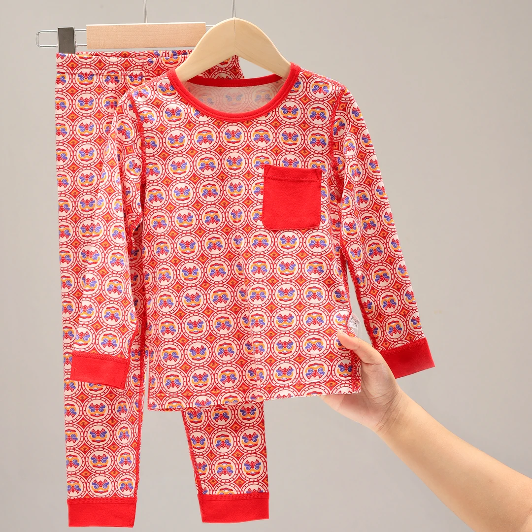 儿童秋衣秋裤男童宝宝保暖内衣套装女大童新年红色本命年睡衣3236